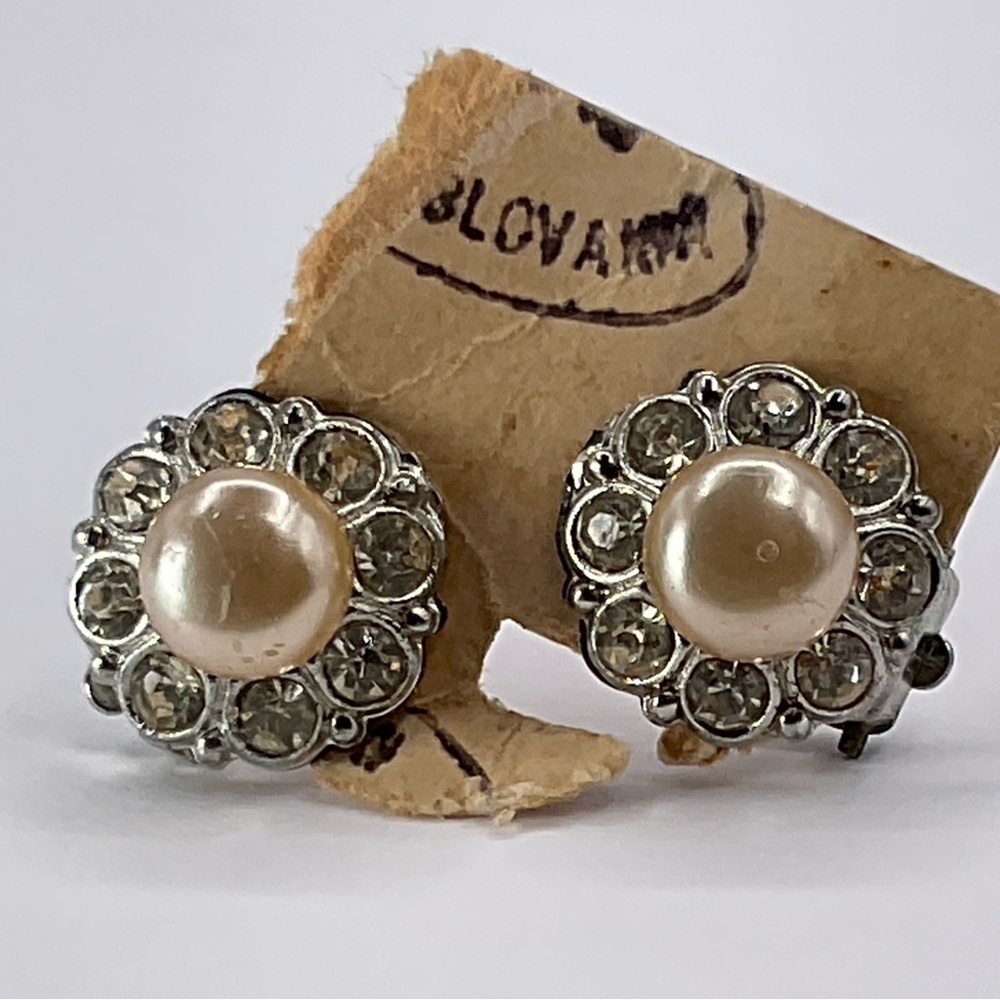 VTG Earrings Clip On Czech Art Deco Crystal Rhinestone Flower Faux Pearl Jewelry